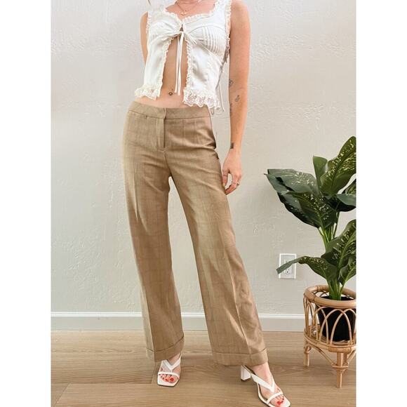 NWT Y2K Tan Plaid Boot Cut Cuffed Mid Rise Trouser Pants - Picture 1 of 7